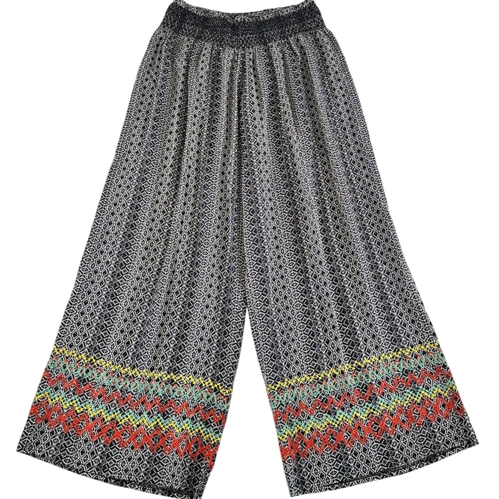 Ivy Jane Womens Medium Black White Geometric Smocked Wide Leg Palazzo Pants Boho